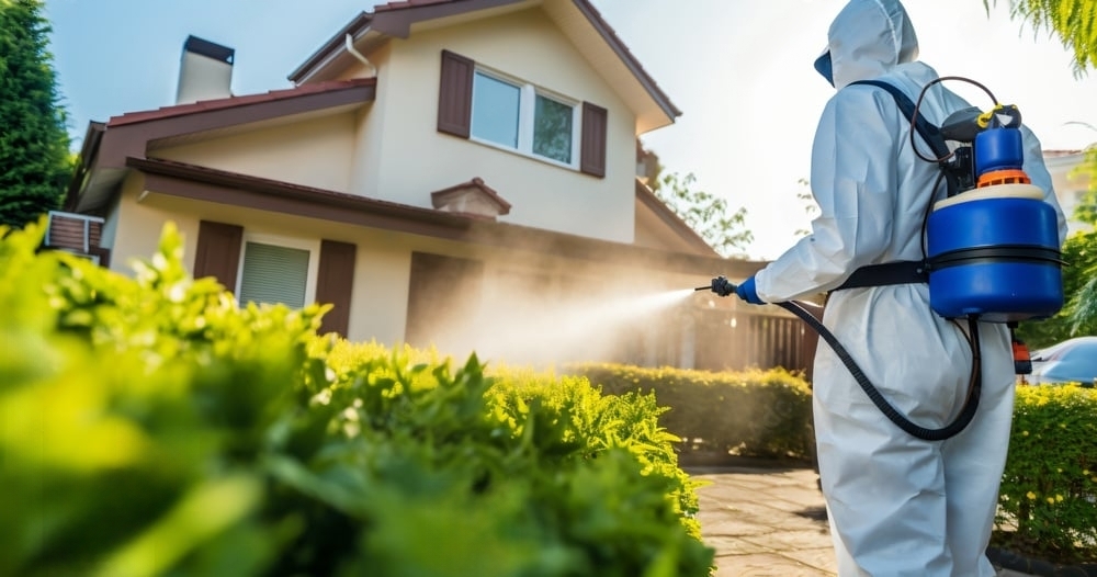 Pest control technician arriving at a residential home
